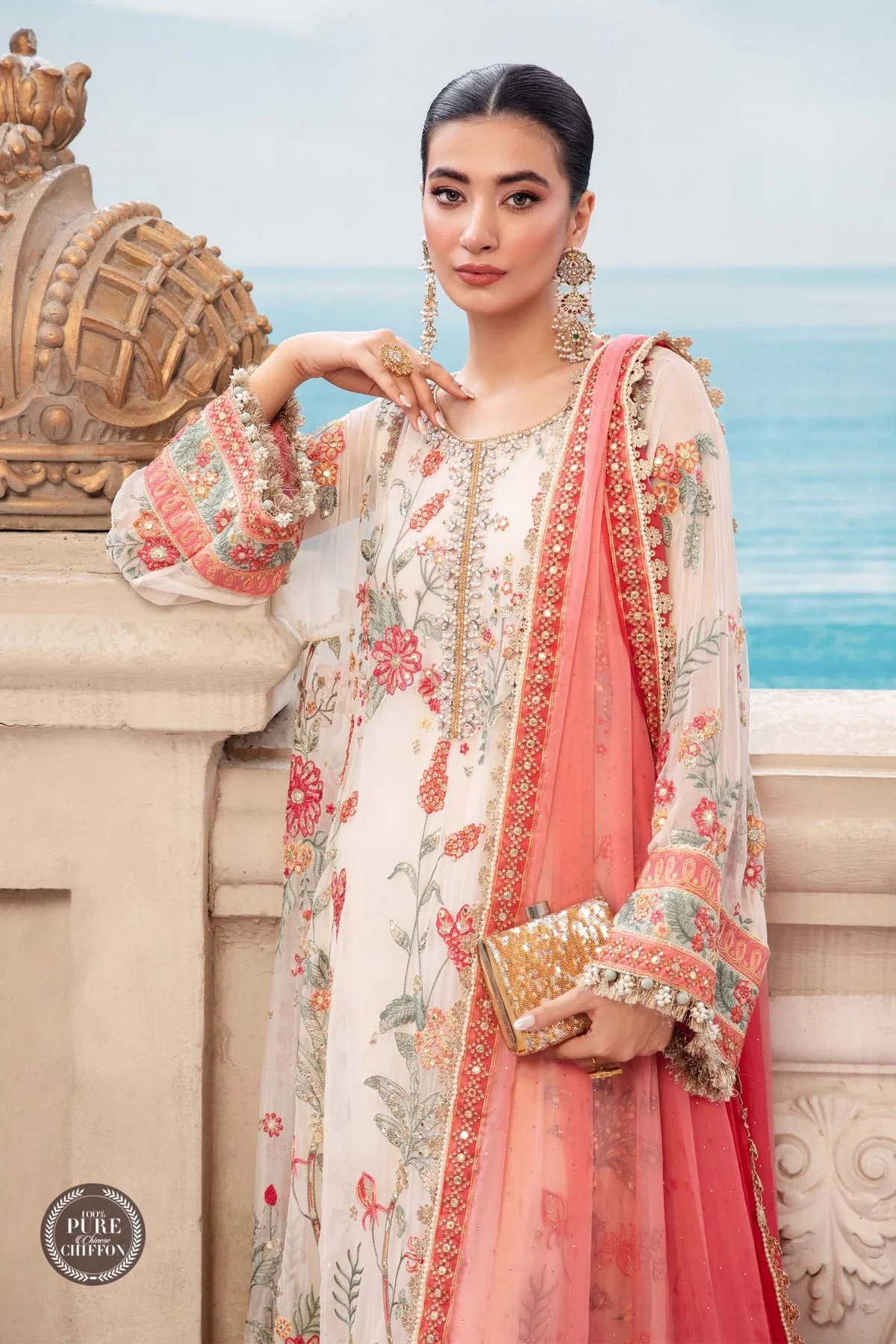 MPC-23-106 Cloud White Floral pakistani fashion outfit in white tones.
